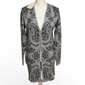 BY DESIGN Elegant Long Patterned Open Front Cardigan With Pockets NWT Sz Med